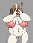  anthro areola big_areola big_breasts breasts burger canid canine canis crouchingli0n dogs_in_space domestic_dog duchess_(dogs_in_space eating eating_food female food genitals hi_res mammal molosser mountain_dog muscular muscular_female pink_areola pussy saint_bernard solo 