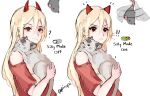  ! !! 1girl :&lt; ? afterimage animal animal_ears blonde_hair cat cat_ears chainsaw_man commentary crosshair_pupils dangling dilated_pupils english_commentary english_text frown hair_between_eyes highres holding holding_animal holding_cat horns long_hair meowy_(chainsaw_man) motion_lines off_shoulder piro_(piropoi) power_(chainsaw_man) red_eyes smile toy_mouse twitter_username 
