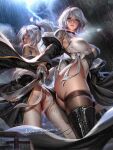 alternate_costume ass black_hairband blue_eyes boots breasts cloud cloudy_sky covered_navel from_below hairband high_ponytail highres japanese_clothes katana kimono large_breasts leotard liang_xing lightning long_hair mole mole_under_mouth nier:automata nier_(series) short_hair shoulder_tattoo sky storm strapless strapless_leotard sword tattoo thigh_boots thighhighs thighhighs_under_boots thighs weapon white_hair yorha_no._2_type_b yorha_type_a_no._2 