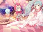  2girls animal_hood aqua_eyes aqua_hair bed blush collared_shirt commentary_request dress dual_persona food frilled_dress frilled_skirt frilled_sleeves frills gloves hatsune_miku heart hood hoodie ice_cream ice_cream_cone kurono_kito long_hair long_sleeves looking_at_viewer lots_of_laugh_(vocaloid) multiple_girls open_mouth pancake rabbit_hood red_gloves red_ribbon ribbon shirt short_sleeves skirt twintails very_long_hair vocaloid 