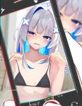  1girl amane_kanata angel_wings bangs bare_arms bare_shoulders bikini black_bikini blue_hair blush cellphone_picture collarbone colored_inner_hair commentary_request feathered_wings grey_hair hair_intakes highres holding hololive long_hair looking_at_viewer midorikawa_(tawf5452) mini_wings multicolored_hair open_mouth purple_eyes sidelocks solo_focus streaked_hair sweatdrop swimsuit taking_picture upper_body virtual_youtuber white_wings wings 