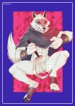  absurd_res anthro athletic athletic_male canid canine canis claws cloak clothing death_(puss_in_boots) drakonika123 fangs flaccid foot_wraps foreskin fur genitals hi_res humanoid_genitalia humanoid_penis male mammal penis red_eyes sickle solo teeth white_body white_fur wolf wraps wristband 