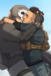  2boys artstation_username backpack bag bara black_hair black_pants black_shirt blue_pants call_of_duty call_of_duty:_modern_warfare_2 closed_eyes facial_hair ghost_(modern_warfare_2) hug looking_at_another male_focus mask mask_lift mto multiple_boys pants shirt short_hair sidecut skull_mask soap_(modern_warfare_2) twitter_username watch wristwatch yaoi 