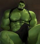  1boy abs arms_behind_back bara beard bulge chest_hair colored_skin dopey_(dopq) erection erection_under_clothes facial_hair feet_out_of_frame green_skin hairy highres large_pectorals leg_hair loincloth looking_at_viewer male_focus muscular muscular_male nipples orc original pectorals pointy_ears shirt short_hair sideburns solo stomach testicle_peek thick_eyebrows thick_thighs thighs topless_male torn_clothes torn_shirt tusks undercut 