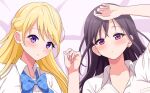  2girls aikome_(haikome) bed black_hair blonde_hair blush closed_mouth long_hair looking_at_viewer multiple_girls original purple_eyes ribbon school_uniform tagme 