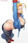  1girl antenna_hair arms_up ass bent_over black_pants black_shirt blonde_hair blue_jacket boots breasts butt_crack cammy_white cleavage closed_eyes closed_mouth crop_top cropped_jacket curvy forehead from_above highres huge_ass jacket large_breasts long_sleeves lowleg lowleg_pants medium_hair motion_lines official_alternate_costume official_alternate_hairstyle pants patreon_username red_footwear shirt simple_background smile solo street_fighter street_fighter_6 stretching superbusty wide_hips 