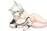  1girl absurdres animal_ear_fluff animal_ears arknights ass_visible_through_thighs bare_shoulders bottomless breasts cat_ears closed_mouth collarbone feet_out_of_frame green_eyes grey_hair highres kal&#039;tsit_(arknights) large_breasts long_hair long_sleeves looking_at_viewer lying nipples on_side oripathy_lesion_(arknights) pussy sarea_(sarea2020) see-through simple_background solo thigh_gap uncensored white_background 