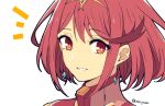  1girl bangs bob_cut close-up dangle_earrings earrings highres jewelry looking_at_viewer mochimochi_(xseynao) pyra_(xenoblade) red_eyes red_hair short_hair short_sleeves smile swept_bangs teeth tiara xenoblade_chronicles_(series) xenoblade_chronicles_2 