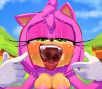  2023 absurd_res amy_rose anthro areola blush bodily_fluids breasts clothing digital_media_(artwork) eulipotyphlan eyelashes female front_view gloves green_eyes half-closed_eyes handwear hedgehog hi_res looking_at_viewer mammal narrowed_eyes outside sega solo sonic_the_hedgehog_(series) sweat teeth theboogie tongue tongue_out 