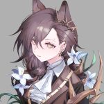  1girl animal_ear_fluff animal_ears arknights ascot be3al2si6o18_p braid brown_eyes brown_hair ear_piercing flower grey_background hair_ornament highres lily_(flower) long_hair mole_above_eye parted_lips penance_(arknights) piercing simple_background solo upper_body very_long_hair white_ascot white_flower wolf_ears 