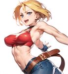  1girl bare_shoulders belt blonde_hair blue_eyes blue_mary breasts cowboy_shot denim fatal_fury fingerless_gloves gloves gohika jeans large_breasts looking_at_viewer midriff pants short_hair simple_background the_king_of_fighters turtleneck_crop_top white_background 