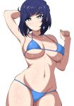  1girl arm_up armpits bikini blue_bikini blue_hair breasts commentary_request cowboy_shot genshin_impact grey_eyes groin hand_up highres jellyburger_(jellyburger1206) large_breasts looking_at_viewer navel short_hair simple_background smile solo standing stomach sweat swimsuit white_background yelan_(genshin_impact) 