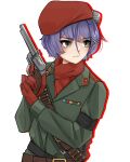  1girl :3 absurdres bandolier bangs belt belt_buckle beret brown_belt buckle closed_mouth collar_tabs commentary english_commentary epaulettes gloves grey_eyes grey_jacket gun hair_between_eyes hair_ornament handgun hat highres holding holding_gun holding_weapon indie_virtual_youtuber jacket jean_faymas_(artist) jean_faymas_(vtuber) lapels long_sleeves military_jacket purple_hair red_gloves red_headwear red_scarf revolver ribbon_bar scarf short_hair shoulder_strap simple_background solo tsurime upper_body virtual_youtuber wavy_mouth weapon white_background x_hair_ornament 