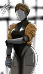  absurdres android atomic_heart black_leotard braid faceless faceless_female highres holding_own_arm jacket joints left_(atomic_heart) leotard mechanical_arms no_eyes no_humans no_mouth no_nose non-web_source robot robot_joints skin_tight 
