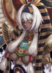  1girl breasts dark-skinned_female dark_skin egyptian facial_mark fate/grand_order fate_(series) highres large_breasts long_hair nitocris_(fate) nitocris_alter_(fate) nitocris_alter_(third_ascension)_(fate) revealing_clothes serious signature tokiwa_migiri underboob upper_body usekh_collar white_hair yellow_eyes 