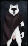  aethelwulf anthro athletic athletic_male canid canine canis claws cloak clothing death_(puss_in_boots) fur genitals hi_res humanoid_genitalia humanoid_penis male mammal penis pink_penis red_eyes solo whiskers white_body white_fur wolf wristband 