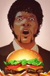  1boy :o absurdres afro black_hair black_jacket brown_eyes burger collared_shirt commentary curly_hair dark-skinned_male dark_skin facial_hair food french_fries highres jacket jules_winnfield lem looking_at_food male_focus mustache open_mouth pulp_fiction samuel_l._jackson shirt sideburns simple_background solo surprised symbol-only_commentary teeth upper_body upper_teeth_only white_shirt 