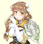  1girl armor braid breasts brown_hair cleavage commentary corset fire_emblem fire_emblem_engage gloves goldmary_(fire_emblem) hair_ribbon highres long_hair long_sleeves looking_at_viewer ribbon shoulder_armor simple_background single_braid smile solo tomojiyo_(toko) upper_body white_gloves white_ribbon yellow_background yellow_eyes 