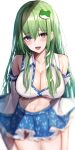  .me 1girl bangs bare_shoulders blue_eyes blue_skirt blurry blurry_background blush breasts cleavage collarbone depth_of_field detached_sleeves frills frog_hair_ornament green_hair hair_between_eyes hair_ornament hair_tubes hand_up highres kochiya_sanae large_breasts long_hair navel shirt simple_background skirt smile snake_hair_ornament touhou white_background white_shirt 