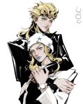  2boys black_shirt blonde_hair blue_eyes giorno_giovanna green_eyes highres johnny_joestar jojo_no_kimyou_na_bouken lipstick long_hair makeup multiple_boys shirt steel_ball_run vento_aureo watch white_shirt 