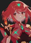  1girl armor bangs black_background blush bob_cut chest_jewel dangle_earrings earrings fingerless_gloves fire gloves highres impossible_clothes jewelry kinagi_(3307377) pyra_(xenoblade) pyrokinesis red_eyes red_hair short_hair shoulder_armor smile swept_bangs tiara upper_body xenoblade_chronicles_(series) xenoblade_chronicles_2 
