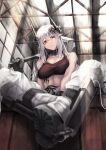  1girl absurdres arknights bare_arms bare_shoulders black_choker black_gloves breasts choker cleavage commentary_request gloves head_tilt highres horns indoors infection_monitor_(arknights) kuromu large_breasts long_hair looking_at_viewer midriff mudrock_(arknights) pants parted_lips pointy_ears red_eyes sitting solo stomach very_long_hair white_hair white_pants 