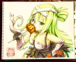  1girl alina_gray alina_gray_(halloween_ver.) bandaged_arm bandaged_head bandages bare_shoulders candy chain chauke food gem ghost_tail green_eyes green_gemstone green_hair hair_between_eyes halloween_costume hand_on_hip holding holding_candy holding_food holding_lollipop jack-o&#039;-lantern lollipop long_hair looking_at_viewer magia_record:_mahou_shoujo_madoka_magica_gaiden magical_girl mahou_shoujo_madoka_magica marker_(medium) mask_over_one_eye official_alternate_costume pumpkin sarashi sidelocks single_hair_ring solo traditional_media very_long_hair 
