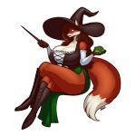  amphibian anthro armwear big_breasts big_tail blazbaros breasts brown_body brown_fur brown_hair canid canine cleavage clothed clothing crossed_legs detached_sleeves female fox frog fur hair hat headgear headwear hi_res holding_wand huge_breasts long_hair magic_user mammal simple_background sitting solo tail thigh_gap wand watermark white_background witch witch_hat 