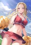  1girl alternate_costume alternate_hair_color black_panties blonde_hair blue_sky breasts cheerleader cleavage cloud collarbone commentary_request cowboy_shot crop_top crop_top_overhang day edelgard_von_hresvelg fire_emblem fire_emblem:_three_houses forehead hair_ribbon holding holding_pom_poms large_breasts long_hair midriff miniskirt navel open_mouth outdoors panties partial_commentary pleated_skirt pom_pom_(cheerleading) purple_eyes purple_ribbon red_shirt red_skirt ribbon sebu_illust shirt skirt sky sleeveless sleeveless_shirt solo standing stomach thighs underwear very_long_hair 