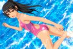  1girl ano_hito ass black_hair blue_sky breasts brown_eyes cloud commentary_request dutch_angle flat_ass highres horizon ocean one-piece_swimsuit open_mouth original pink_one-piece_swimsuit ponytail sky small_breasts smile solo splashing swimsuit twisted_torso 