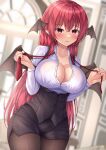  1girl bangs black_pantyhose black_skirt black_vest black_wings blush breasts buttons cleavage closed_mouth collarbone cowboy_shot demon_wings fingernails hair_between_eyes head_wings highres koakuma large_breasts long_hair long_sleeves necktie pantyhose partially_unbuttoned pencil_skirt red_eyes red_hair red_necktie reijing_etrn shirt sidelocks skirt solo tongue tongue_out touhou undone_necktie vest white_shirt wings 