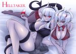  2girls alcohol anikiki bangs beelzebub_(helltaker) breasts champagne_flute cleavage cup demon_girl demon_horns demon_tail drinking_glass english_text eyebrows_hidden_by_hair freckles helltaker highres holding holding_cup horns large_breasts lingerie long_hair lucifer_(helltaker) lying multiple_girls on_back on_stomach red_eyes see-through stomach tail thigh_strap thighhighs thighs underwear white_hair white_horns wine wine_glass 