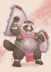  2023 anthro asian_clothing balls belly big_belly canid canine clothing east_asian_clothing fundoshi genitals hi_res japanese_clothing kemono male mammal moobs nipples overweight overweight_male raccoon_dog shield solo taistone_tw tanuki underwear 