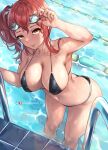 1girl absurdres arm_up azur_lane bikini black_bikini breasts cleavage closed_mouth collarbone goggles goggles_on_head hand_on_eyewear highres large_breasts leaning_forward long_hair navel official_alternate_costume pool pool_ladder queasy_s red_hair side_ponytail smile solo swimsuit wading water wavy_hair wet yellow_eyes zara_(azur_lane) zara_(poolside_coincidence)_(azur_lane) 