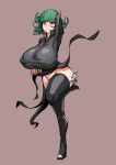  1girl 9is absurdres alternate_breast_size arm_up black_dress blush boots breasts curly_hair dress green_eyes green_hair groin highres huge_breasts leg_up long_sleeves looking_at_viewer no_panties one-punch_man open_mouth short_hair signature simple_background solo standing standing_on_one_leg tatsumaki thick_thighs thigh_boots thighs 