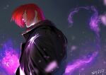  1boy azuma_kyoutarou_(artist) black_background black_jacket commentary fire highres jacket looking_at_viewer male_focus parted_lips purple_fire pyrokinesis red_eyes red_hair short_hair signature solo the_king_of_fighters the_king_of_fighters_xv upper_body yagami_iori 