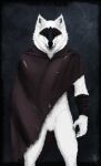  aethelwulf anthro athletic athletic_male canid canine canis claws cloak clothing death_(puss_in_boots) fur hi_res male mammal red_eyes solo whiskers white_body white_fur wolf wristband 