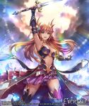  1girl artist_name breasts brown_hair cleavage clothing_cutout copyright copyright_name cowboy_shot dated elbow_gloves evertale fantasy fingerless_gloves gloves green_eyes hair_ornament holding holding_sword holding_weapon kriss_sison large_breasts light long_hair maxima_(evertale) navel navel_cutout purple_skirt skirt solo sword thighhighs weapon 