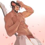  1boy abs arrow_(projectile) asian bara beard blush bow_(weapon) brown_hair cupid_hanzo facial_hair flower flower_tattoo hanzo_(overwatch) highres holding holding_flower large_pectorals lixiao6342 loincloth looking_at_viewer male_focus mature_male muscular muscular_male nipples official_alternate_costume overwatch pectorals petals pink_flower pubic_hair pubic_hair_peek short_hair smile solo tattoo tiara valentine weapon 