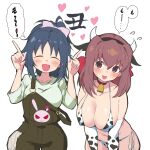  2girls :d absurdres alternate_costume alternate_hairstyle animal_print bangs bell bikini blue_hair blush bow breasts brown_eyes brown_hair brown_overalls chinese_zodiac choker cleavage cow_horns cow_print elbow_gloves emblem facing_viewer fake_horns flying_sweatdrops freckles girls_und_panzer gloves green_shirt hair_bow hair_up halterneck head_tilt headband heart highres horns horns_pose kondou_taeko large_breasts leaning_forward long_hair long_sleeves looking_at_viewer medium_hair multiple_girls navel neck_bell new_year official_alternate_costume open_mouth overalls pink_bow ponytail print_bikini print_gloves rabbit red_choker red_headband shirt side-by-side side-tie_bikini_bottom smile standing strap_slip sweatdrop swimsuit white_bikini white_gloves yabai_gorilla yamagou_ayumi year_of_the_ox 