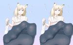  animal_ears blonde_hair blue_eyes blurry boot_removed boots breasts cat_ears close-up covered_nipples depth_of_field feet foreshortening highres hitosizuku holding holding_shoes large_breasts original pantyhose pov pov_feet shoes smile soles toe_scrunch toenails toes 