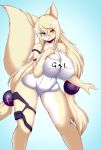  anthro big_breasts blonde_hair blue_eyes blush breasts camel_toe clothed clothing female fluffy fluffy_tail fur hair hand_on_breast heterochromia long_hair mammal open_mouth red_eyes solo standing tailzkim tan_fur 