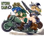  ammunition_belt backpack bag blonde_hair blue_eyes blue_hair bmw boots braid brand_name_imitation breasts cleavage covered_nipples gloves goggles ground_vehicle gun hair_bobbles hair_ornament hat kawashiro_nitori kirisame_marisa large_breasts machine_gun medium_breasts mg42 midriff motor_vehicle motorcycle multiple_girls multiple_riders okiraku_nikku panzerfaust short_hair touhou twintails two_side_up weapon wheelie witch_hat yellow_eyes 