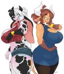  2019 alejandra_coldthorn alpha_channel anthro big_breasts black_hair blue_eyes bovid bovine breasts brown_hair cattle chalo cleavage clothed clothing digital_media_(artwork) dress duo eyewear female freckles glasses gloves_(marking) green_eyes hair horn las_lindas legwear mammal markings mora_linda multicolored_hair open_mouth shirt shorts simple_background thick_thighs transparent_background two_tone_hair voluptuous white_hair 