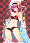  bare_shoulders black_bra black_panties blush bow bow_bra bow_panties bra eyes flat_chest fumihiro groin hairband heart komeiji_satori lingerie navel panties panty_pull pink_hair red_eyes short_hair simple_background solo thighs touhou underwear underwear_only undressing 