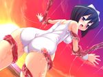  1girl beach black_hair blush bound bound_arms bound_legs game_cg ocean one-piece one-piece_swimsuit open_mouth purple_eyes siesta sky sunset swimsuit team-tanabe tentacle tentacles zero_no_tsukaima 