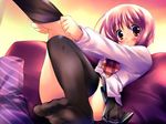  akino_momiji black_legwear blush brown_eyes dressing feet kiba_satoshi purple_hair sakura_musubi school_uniform sock_pull solo thighhighs 