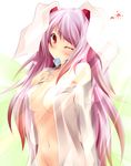  animal_ears bad_id bad_pixiv_id bare_shoulders blush breasts bunny_ears cleavage condom condom_in_mouth jimo large_breasts long_hair mouth_hold navel open_clothes open_shirt purple_hair red_eyes reisen_udongein_inaba see-through shirt solo touhou undressing 
