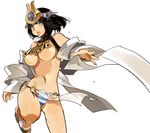  bare_shoulders black_hair blue_eyes breasts hands headdress highres large_breasts menace navel panties queen's_blade revealing_clothes sandals solo starshadowmagician striped striped_panties underboob underwear 