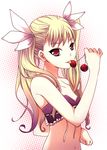  blonde_hair bra cherry dance_in_the_vampire_bund food fruit gradient_hair halftone halftone_background holding holding_food holding_fruit killyoh licking lingerie long_hair mina_tepes multicolored_hair pink_hair red_eyes ribbon solo tongue tsurime twintails underwear upper_body 